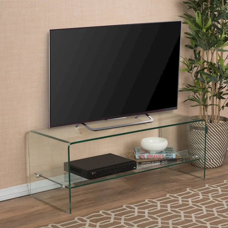 Clear Tempered Glass TV Stand with Open Back & Glass Shelf, Fits TVs up to 39"