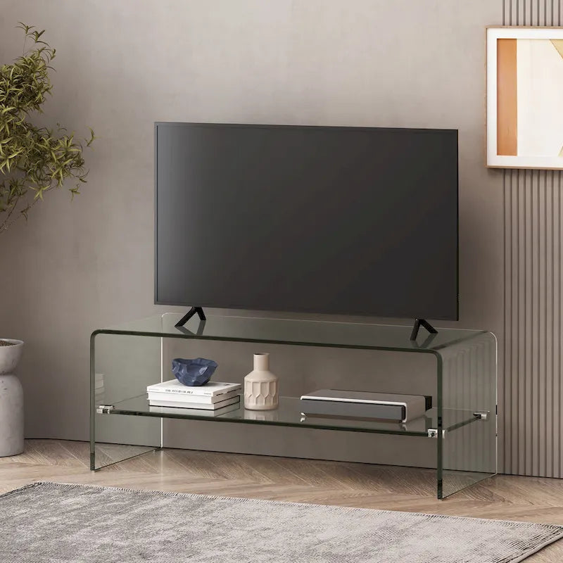 Clear Tempered Glass TV Stand with Open Back & Glass Shelf, Fits TVs up to 39"