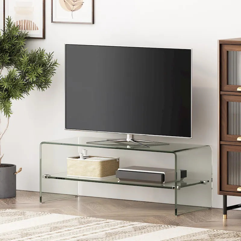 Clear Tempered Glass TV Stand with Open Back & Glass Shelf, Fits TVs up to 39"