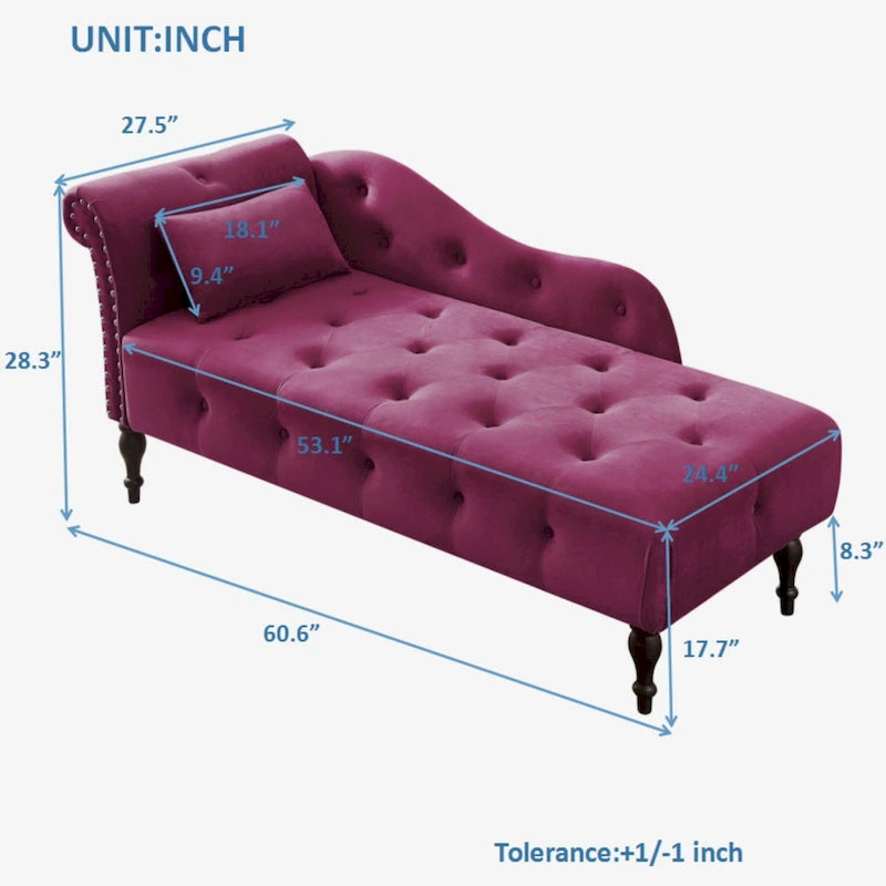 Blue/White/Rose/Burgundy/Grey Velvet Tufted Chaise Lounge Chair, 1-Seater