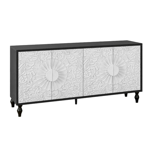 Black & Natural Carved Flower Door Sideboard Cabinet with Shelves
