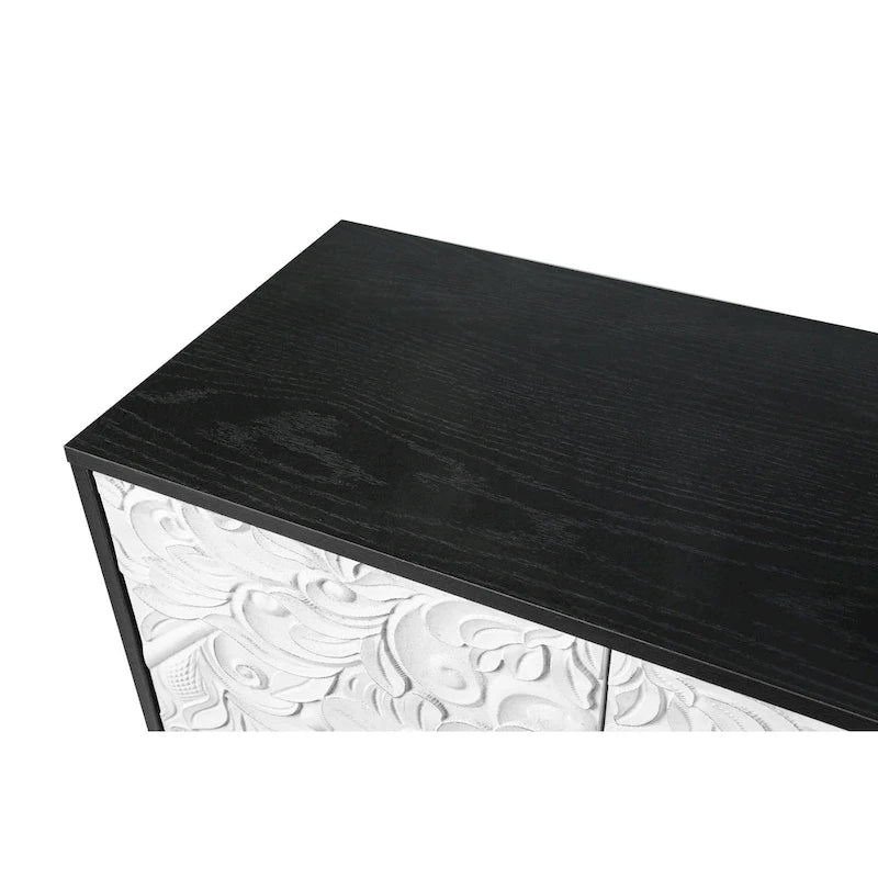 Black & Natural Carved Flower Door Sideboard Cabinet with Shelves