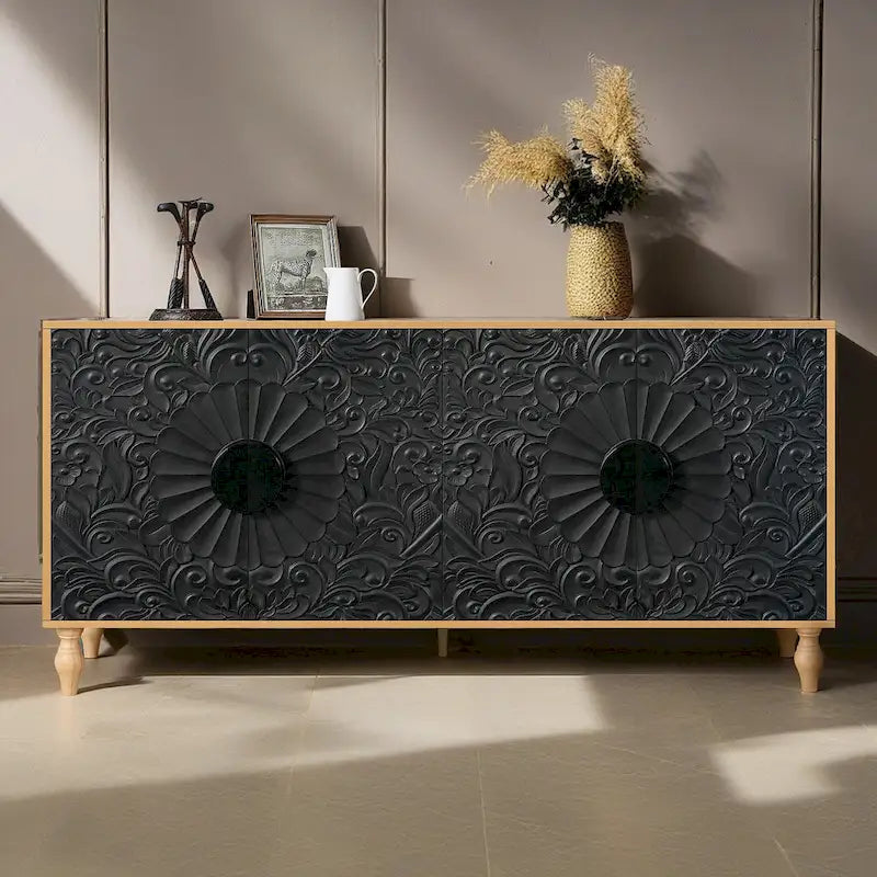 Black & Natural Carved Flower Door Sideboard Cabinet with Shelves