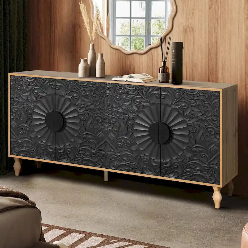 Black & Natural Carved Flower Door Sideboard Cabinet with Shelves