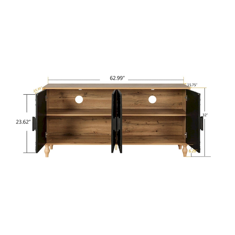 Black & Natural Carved Flower Door Sideboard Cabinet with Shelves