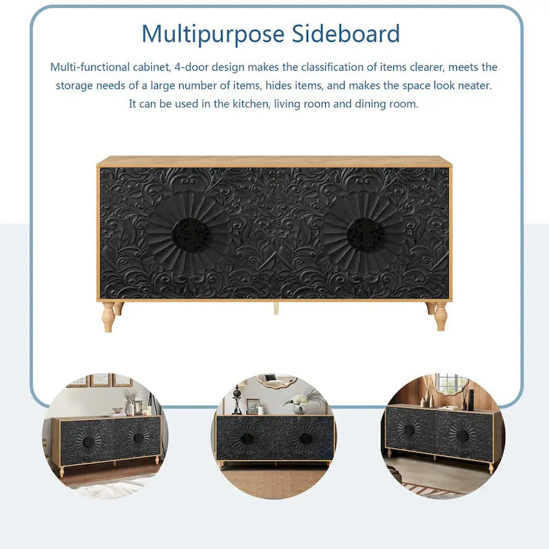 Black & Natural Carved Flower Door Sideboard Cabinet with Shelves
