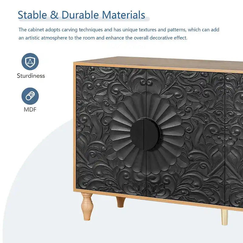Black & Natural Carved Flower Door Sideboard Cabinet with Shelves