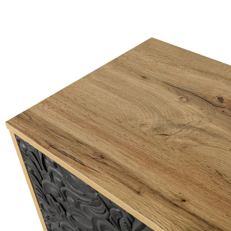 Black & Natural Carved Flower Door Sideboard Cabinet with Shelves