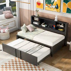 Twin Size Metal Upholstered Daybed w/ Twin Size Trundle Bunk Bed Frame & USB Ports & Storage Shelves Space-Saving, Easy Assembly