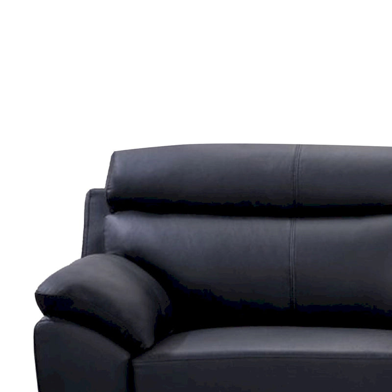 Sofa, black top-grain cowhide leather, foam cushions, steel legs, 80 inches.