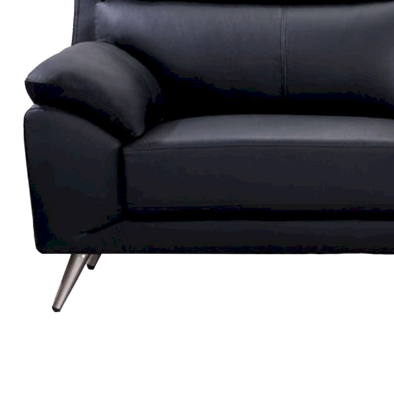 Sofa, black top-grain cowhide leather, foam cushions, steel legs, 80 inches.