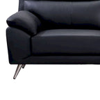 Sofa, black top-grain cowhide leather, foam cushions, steel legs, 80 inches.