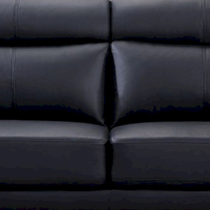 Sofa, black top-grain cowhide leather, foam cushions, steel legs, 80 inches.