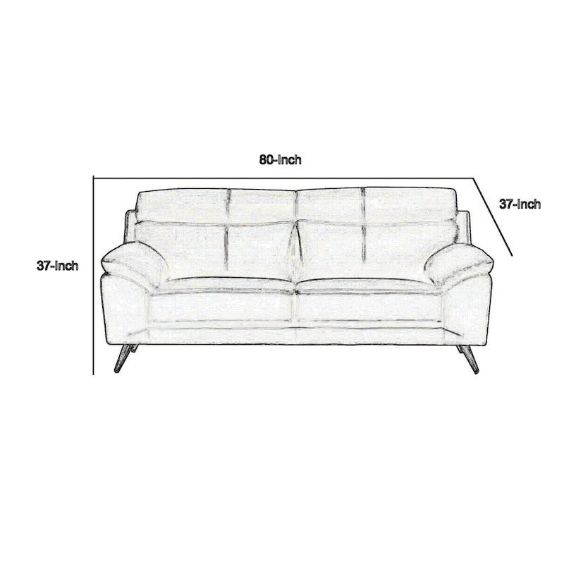 Sofa, black top-grain cowhide leather, foam cushions, steel legs, 80 inches.