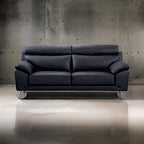 Sofa, black top-grain cowhide leather, foam cushions, steel legs, 80 inches.