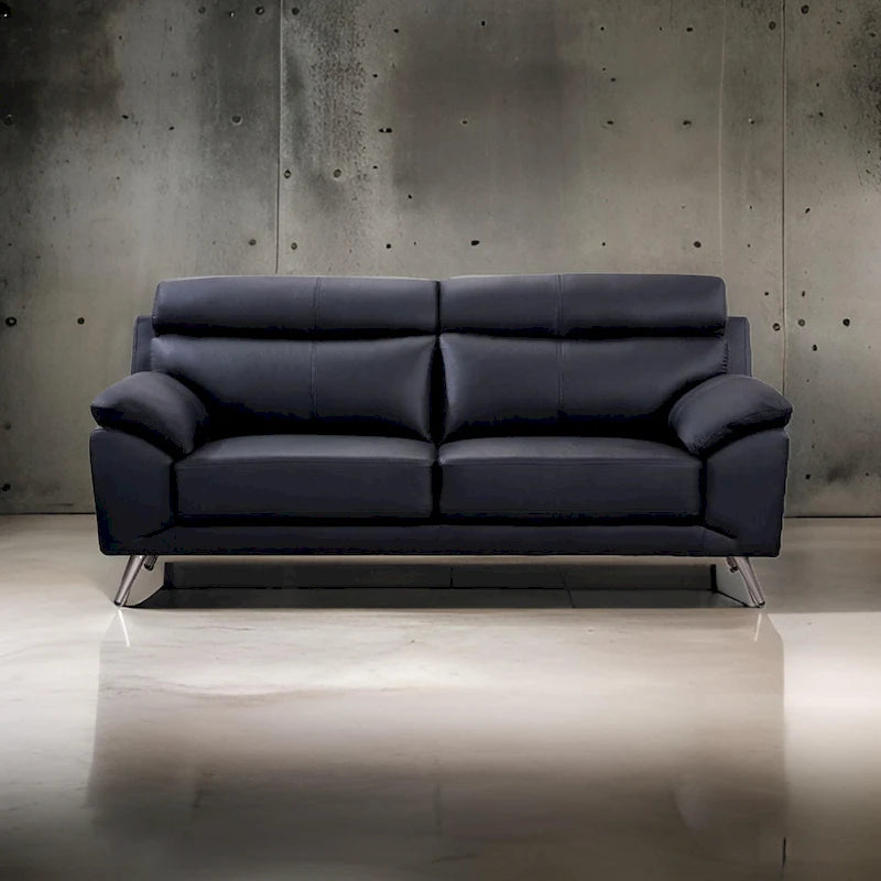Sofa, black top-grain cowhide leather, foam cushions, steel legs, 80 inches.