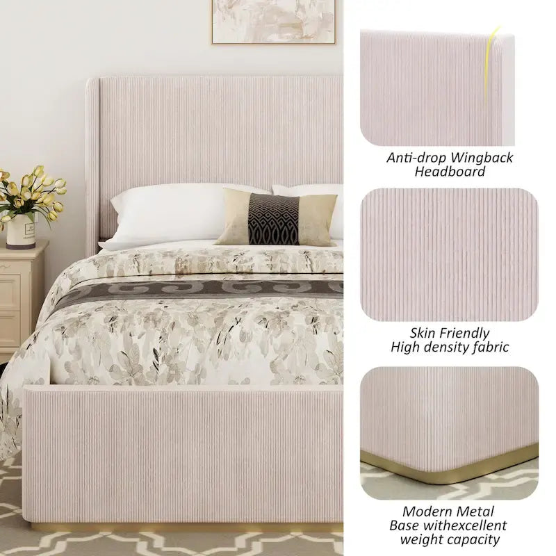 King Size Corduroy Upholstered Bed with 47 Wingback Headboard & Metal/Wood Frame (No Box Spring Needed)