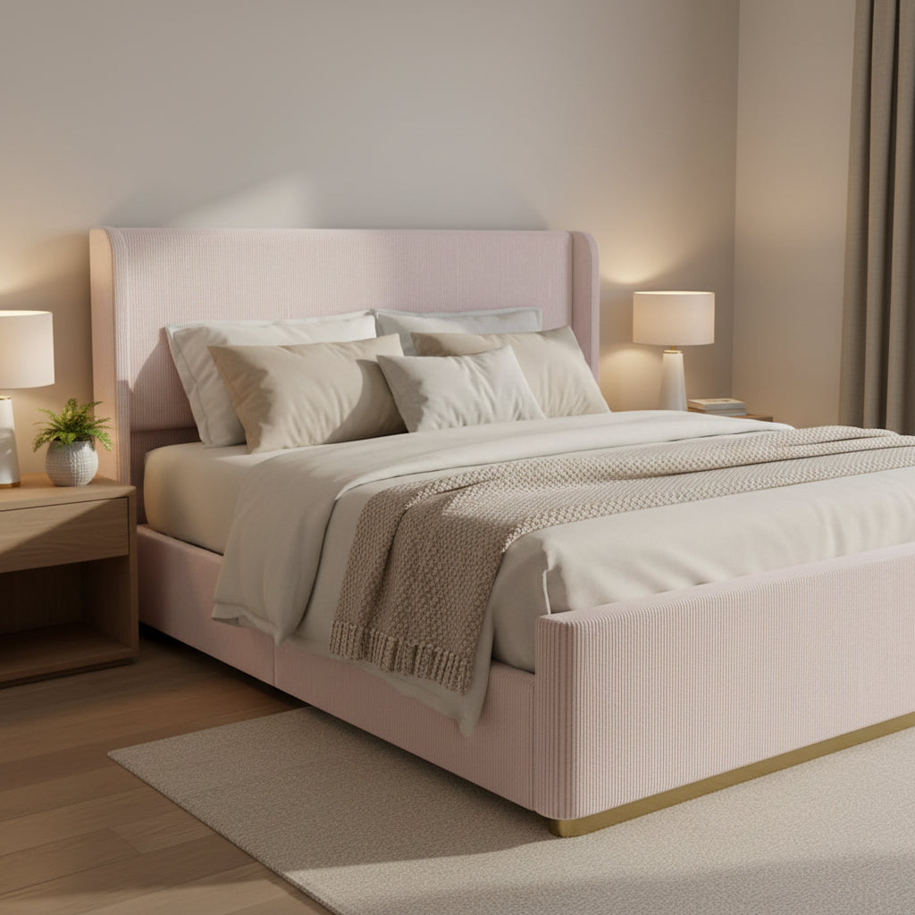 King Size Corduroy Upholstered Bed with 47 Wingback Headboard & Metal/Wood Frame (No Box Spring Needed)
