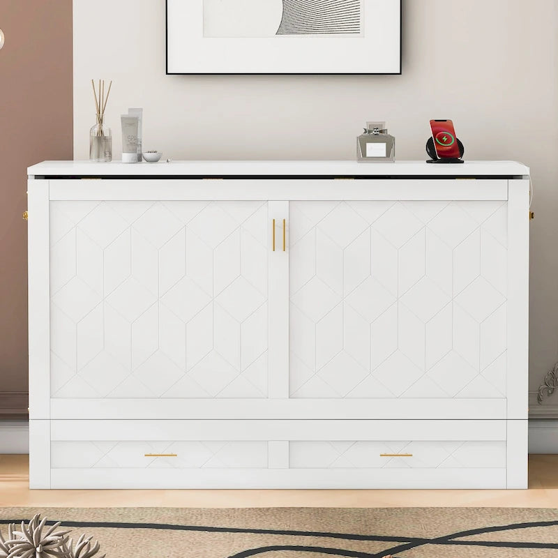 White/Gray Murphy Bed Cabinet with Drawers, USB Ports & Outlets – Queen/Full
