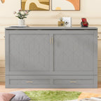 White/Gray Murphy Bed Cabinet with Drawers, USB Ports & Outlets – Queen/Full