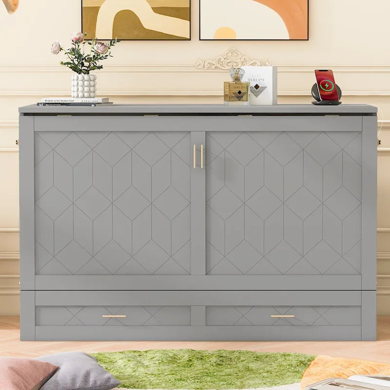 White/Gray Murphy Bed Cabinet with Drawers, USB Ports & Outlets – Queen/Full