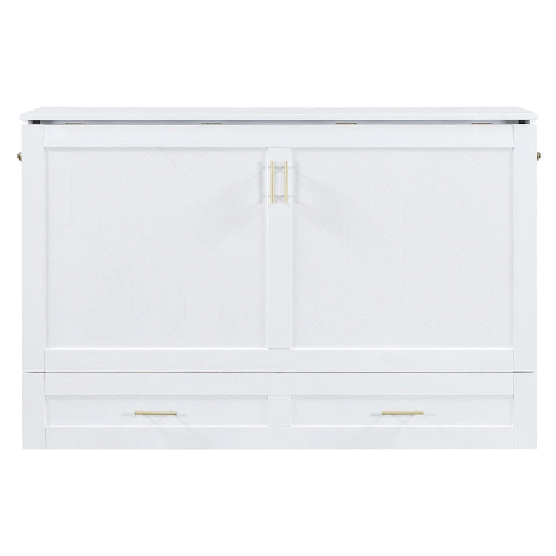 White/Gray Murphy Bed Cabinet with Drawers, USB Ports & Outlets – Queen/Full