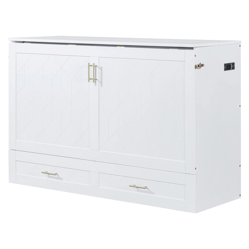 White/Gray Murphy Bed Cabinet with Drawers, USB Ports & Outlets – Queen/Full
