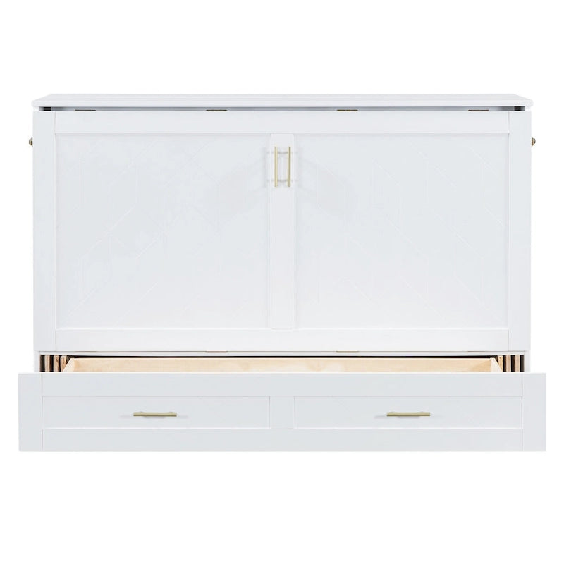 White/Gray Murphy Bed Cabinet with Drawers, USB Ports & Outlets – Queen/Full