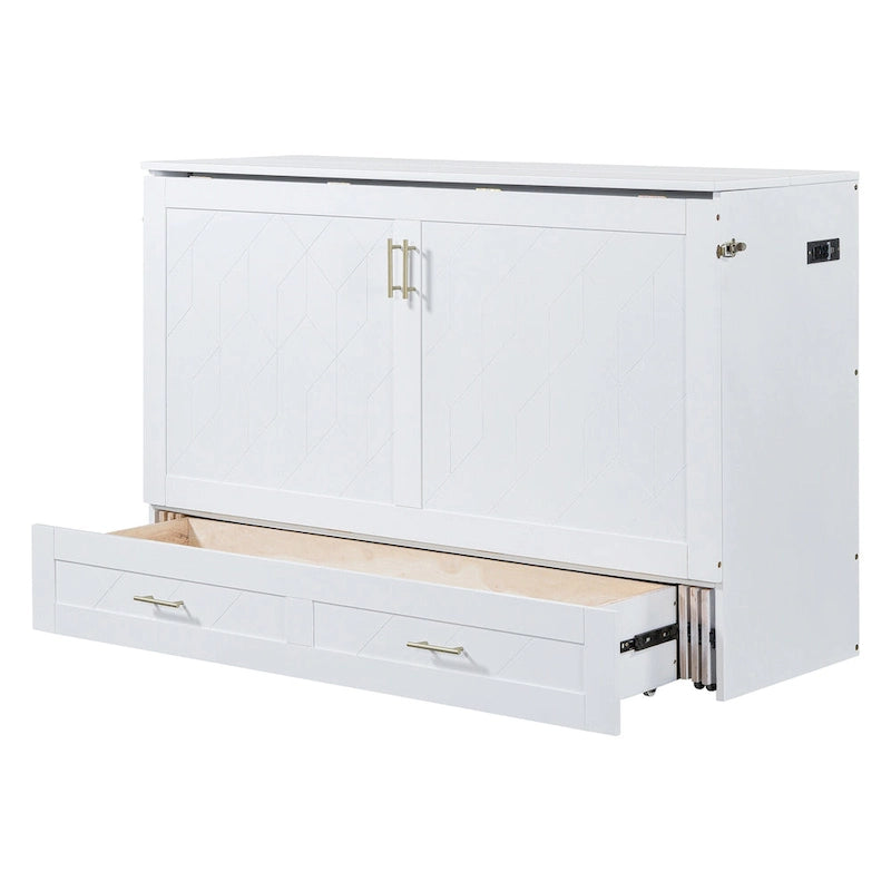 White/Gray Murphy Bed Cabinet with Drawers, USB Ports & Outlets – Queen/Full
