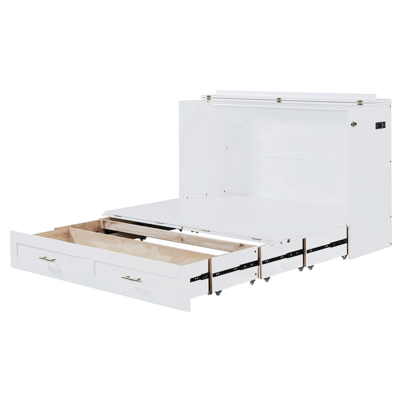 White/Gray Murphy Bed Cabinet with Drawers, USB Ports & Outlets – Queen/Full