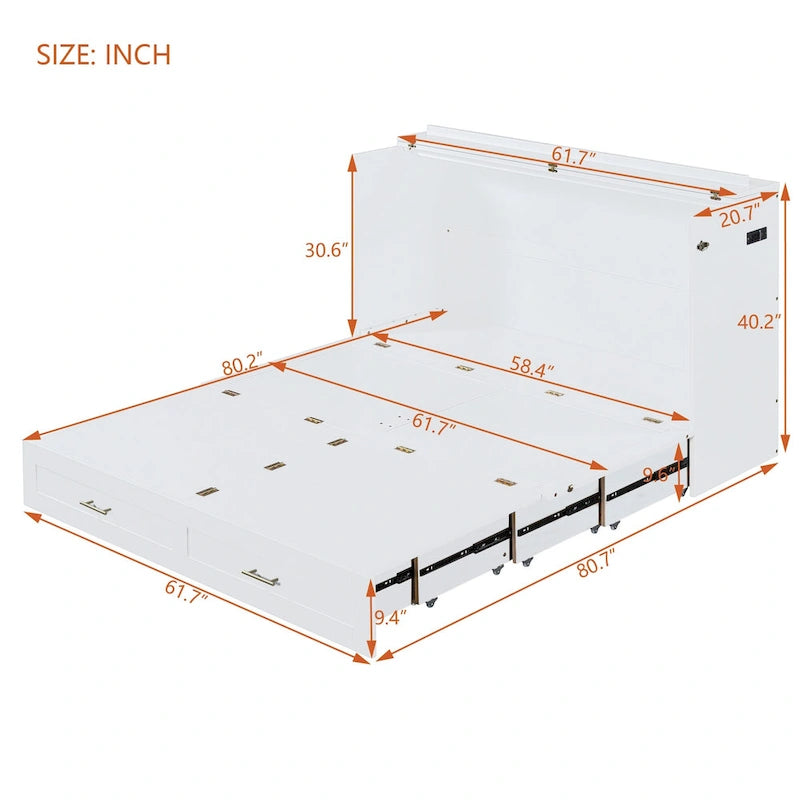 White/Gray Murphy Bed Cabinet with Drawers, USB Ports & Outlets – Queen/Full
