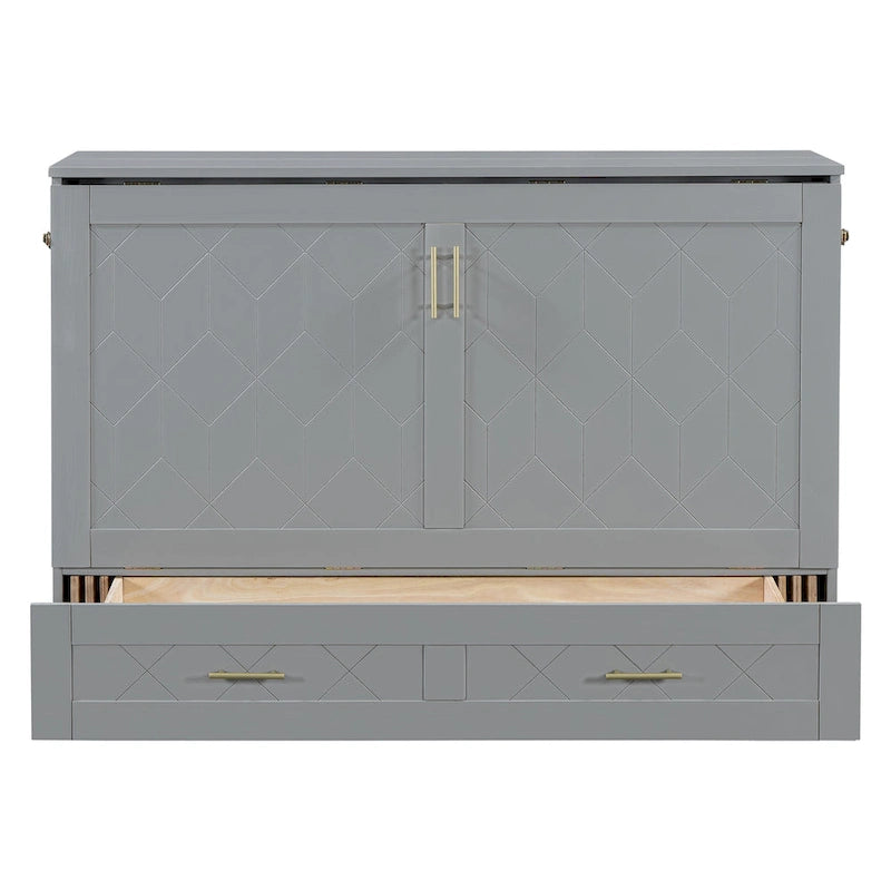 White/Gray Murphy Bed Cabinet with Drawers, USB Ports & Outlets – Queen/Full