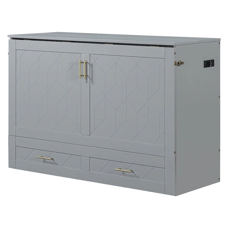 White/Gray Murphy Bed Cabinet with Drawers, USB Ports & Outlets – Queen/Full
