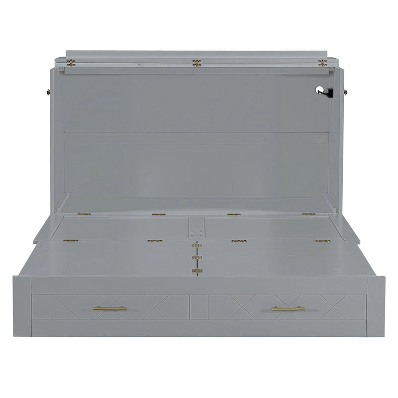White/Gray Murphy Bed Cabinet with Drawers, USB Ports & Outlets – Queen/Full