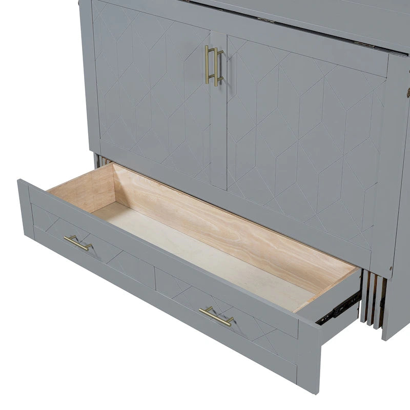 White/Gray Murphy Bed Cabinet with Drawers, USB Ports & Outlets – Queen/Full