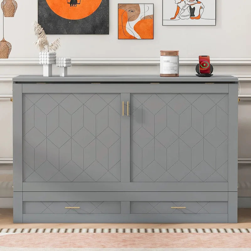 White/Gray Murphy Bed Cabinet with Drawers, USB Ports & Outlets – Queen/Full