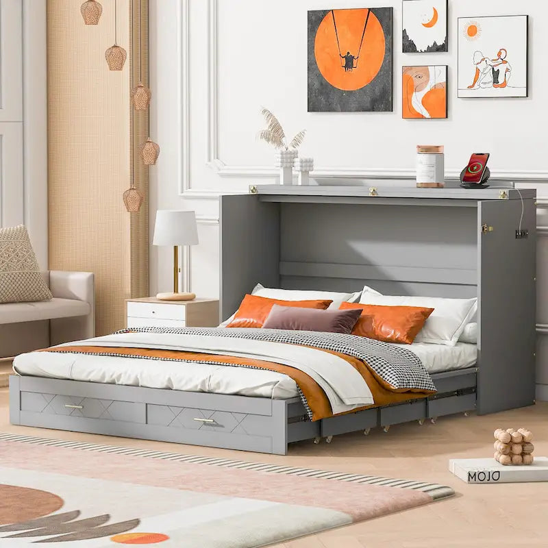 White/Gray Murphy Bed Cabinet with Drawers, USB Ports & Outlets – Queen/Full