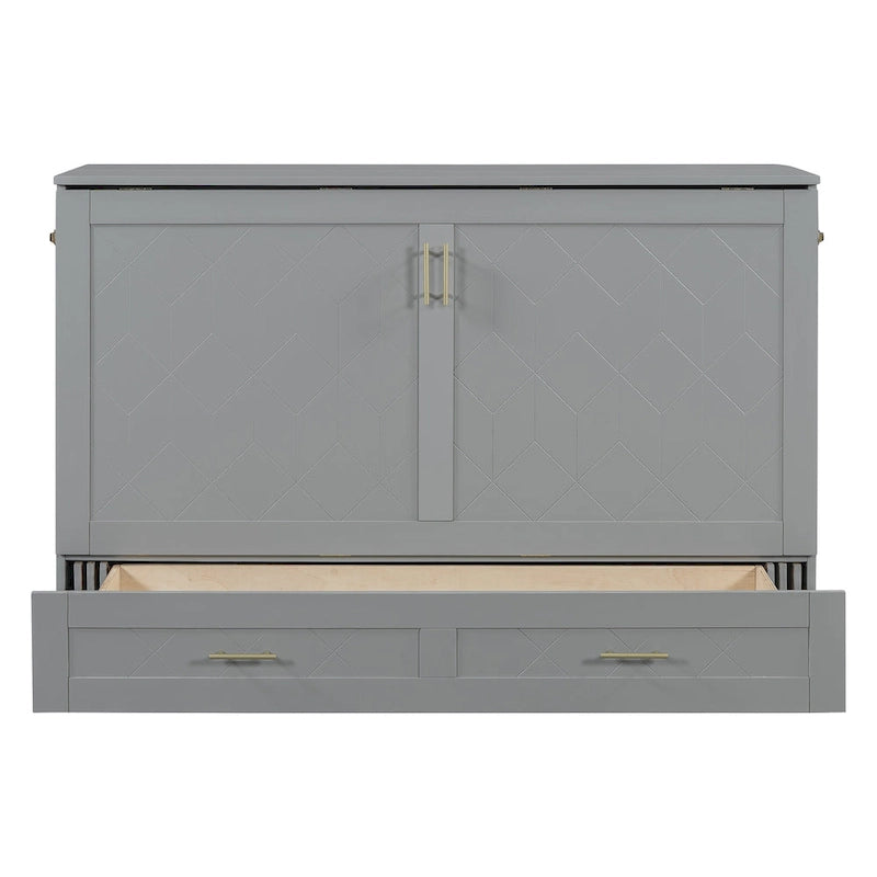 White/Gray Murphy Bed Cabinet with Drawers, USB Ports & Outlets – Queen/Full