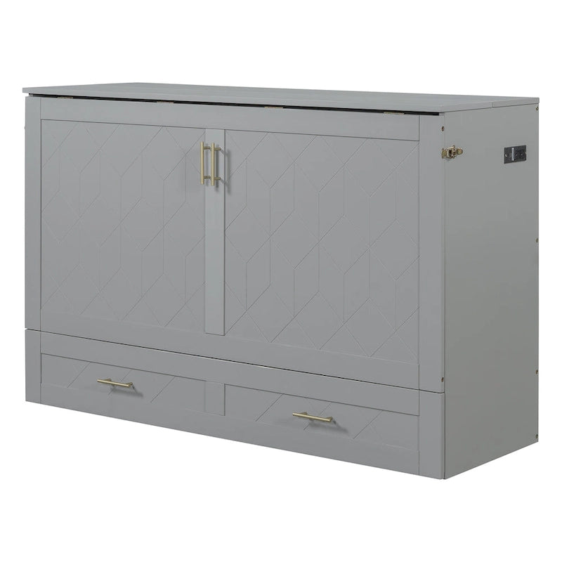 White/Gray Murphy Bed Cabinet with Drawers, USB Ports & Outlets – Queen/Full