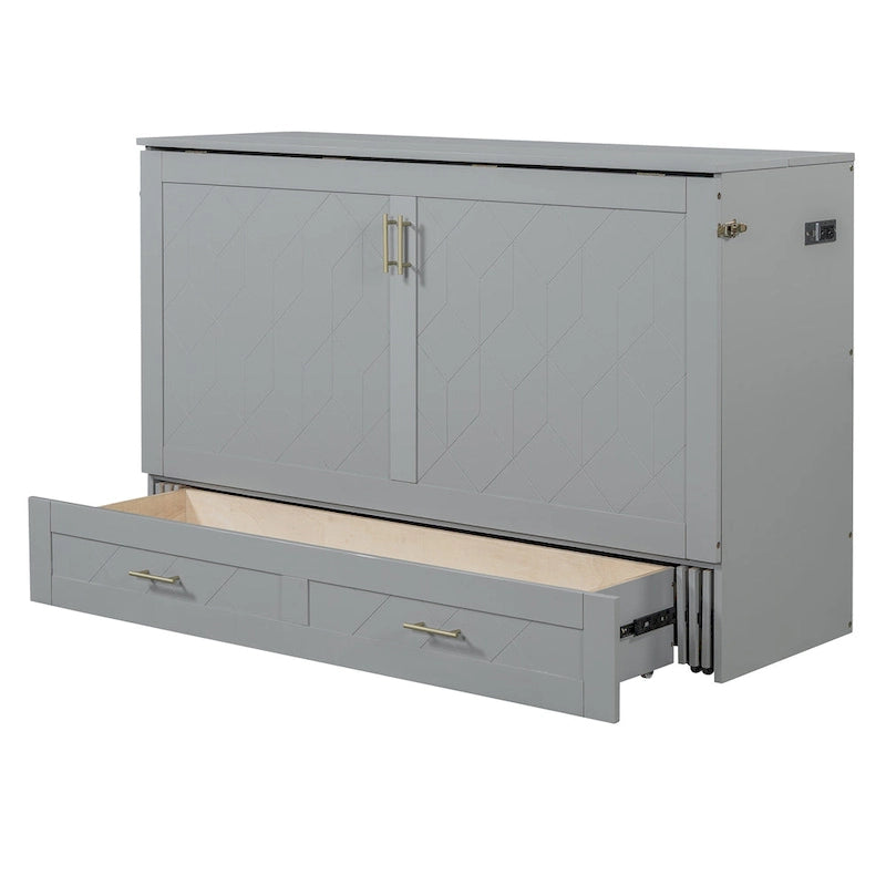 White/Gray Murphy Bed Cabinet with Drawers, USB Ports & Outlets – Queen/Full