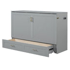 White/Gray Murphy Bed Cabinet with Drawers, USB Ports & Outlets – Queen/Full