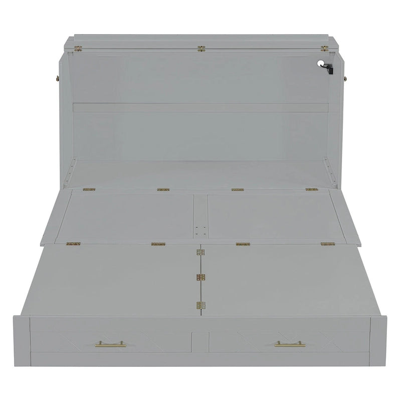 White/Gray Murphy Bed Cabinet with Drawers, USB Ports & Outlets – Queen/Full