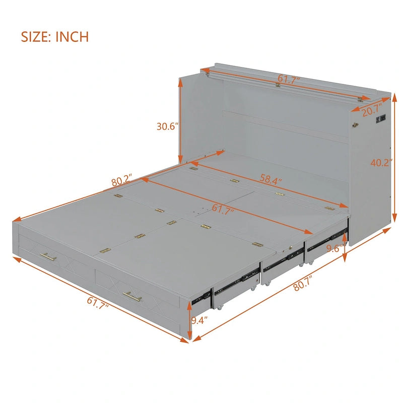 White/Gray Murphy Bed Cabinet with Drawers, USB Ports & Outlets – Queen/Full