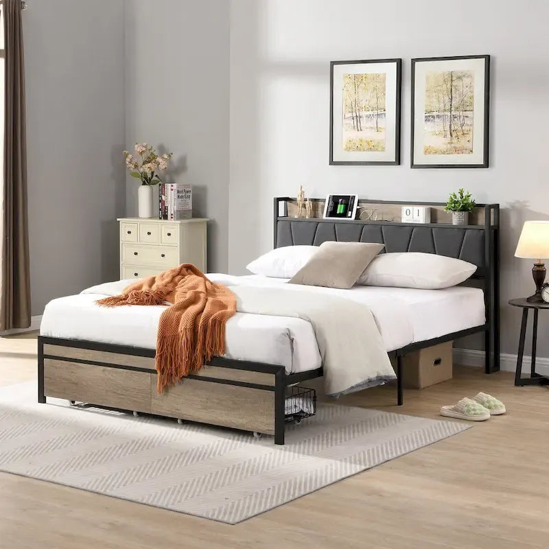 Black & Grey Full Size Metal Platform Bed with Upholstered Headboard, Sleeps 1-2