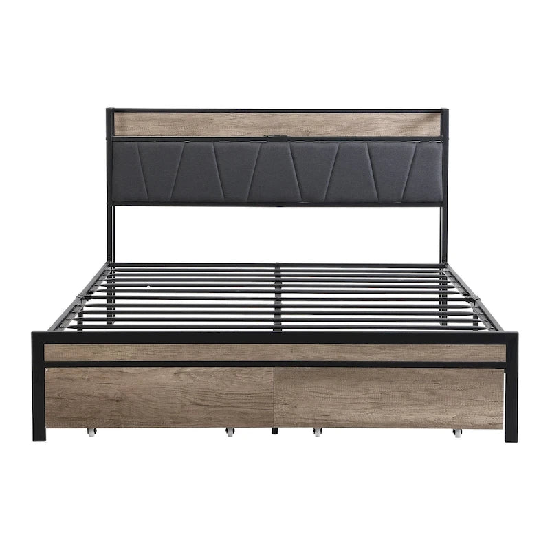 Black & Grey Full Size Metal Platform Bed with Upholstered Headboard, Sleeps 1-2