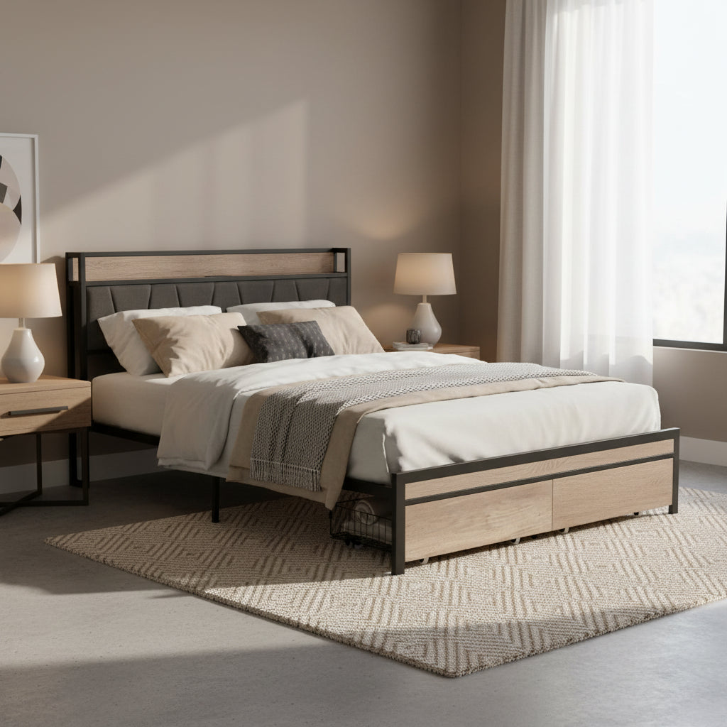 Black & Grey Full Size Metal Platform Bed with Upholstered Headboard, Sleeps 1-2