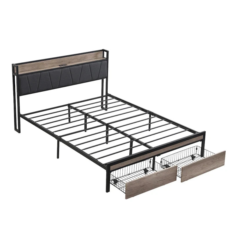 Black & Grey Full Size Metal Platform Bed with Upholstered Headboard, Sleeps 1-2