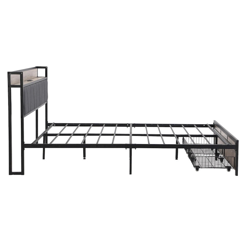 Black & Grey Full Size Metal Platform Bed with Upholstered Headboard, Sleeps 1-2