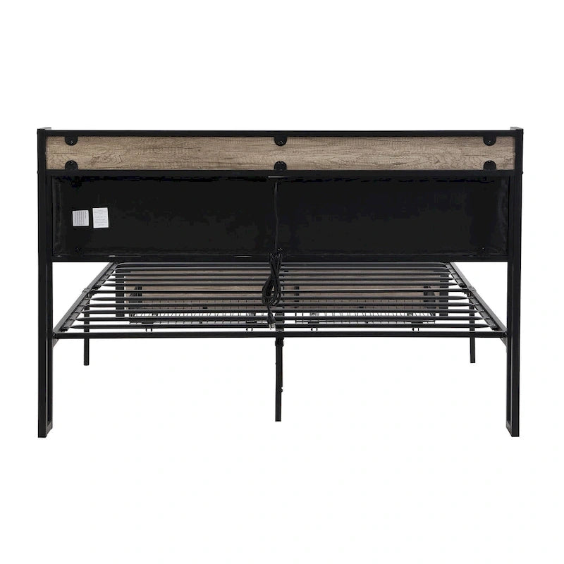 Black & Grey Full Size Metal Platform Bed with Upholstered Headboard, Sleeps 1-2