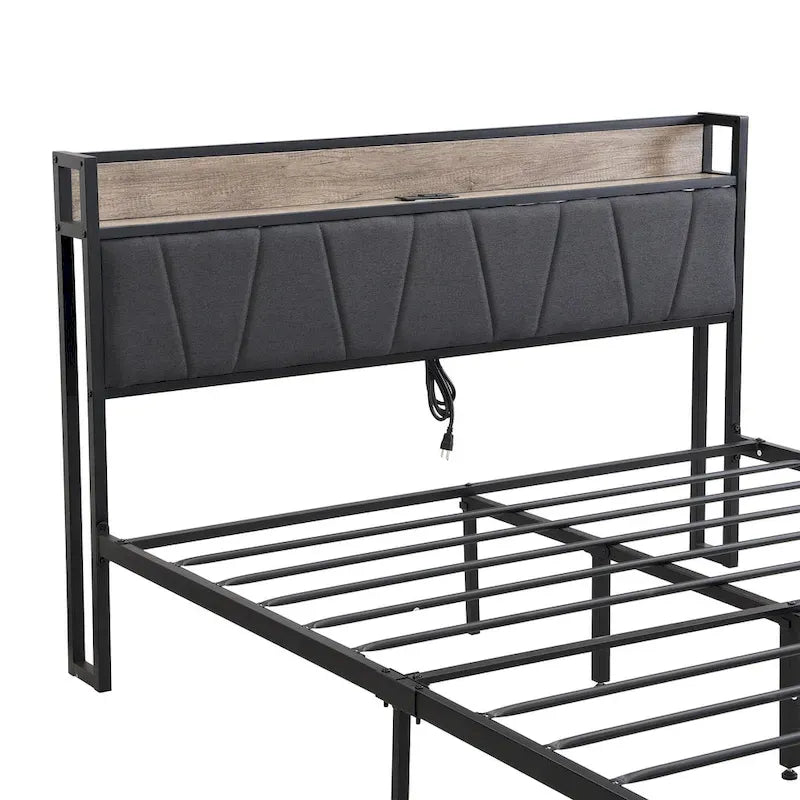 Black & Grey Full Size Metal Platform Bed with Upholstered Headboard, Sleeps 1-2